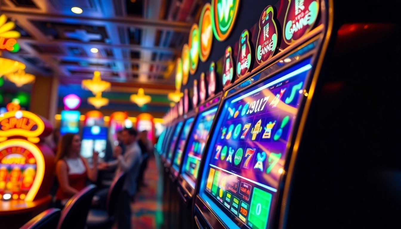 Slot depo 1k dengan mesin slot yang penuh warna dan pemain bersemangat di kasino.