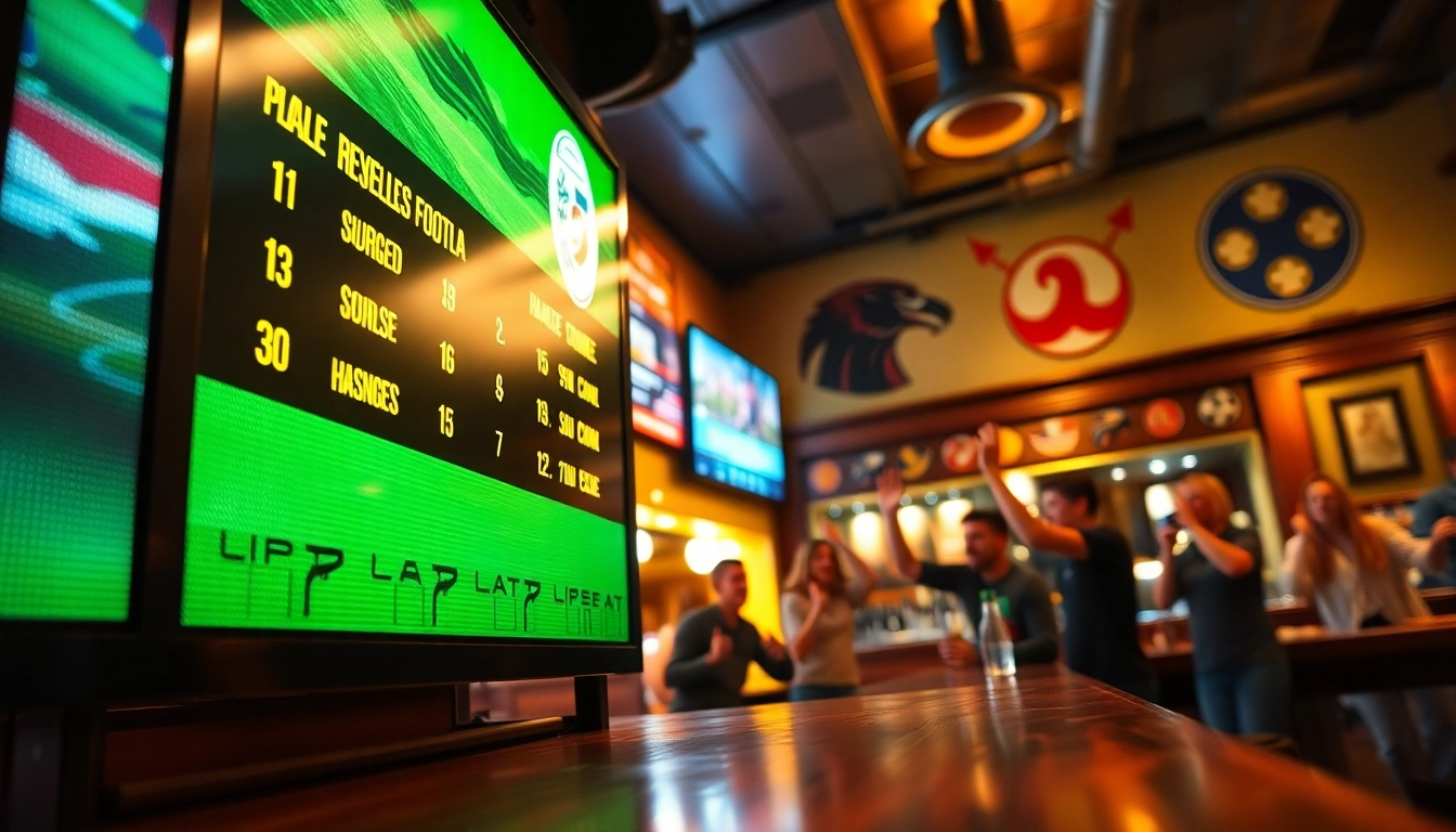 Check live match scores with ผลบอลคืนนี้ in a vibrant sports bar atmosphere.