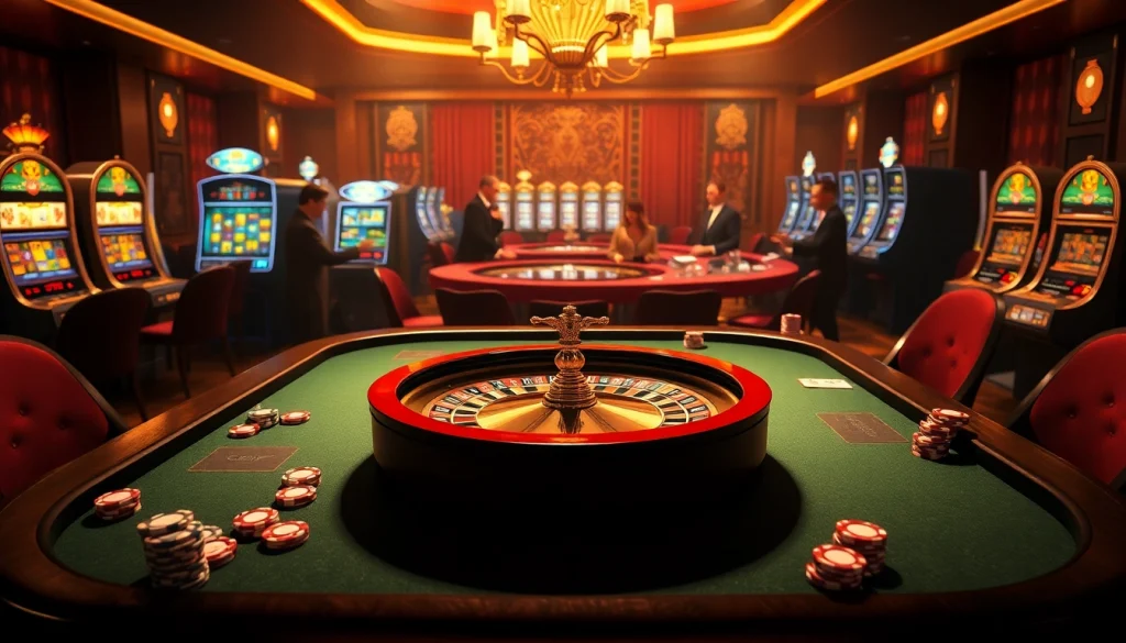 Experience the thrill of placing bets at nhà cái 789club with an elegant casino scene featuring roulette and poker.