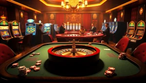 Experience the thrill of placing bets at nhà cái 789club with an elegant casino scene featuring roulette and poker.