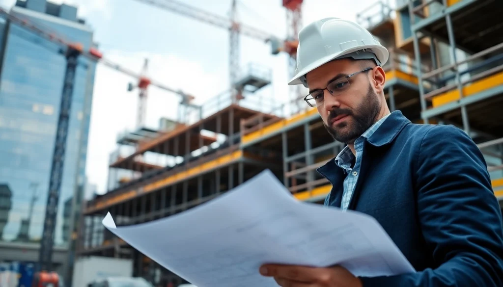 New York Construction Manager examining blueprints on a busy construction site in NYC.
