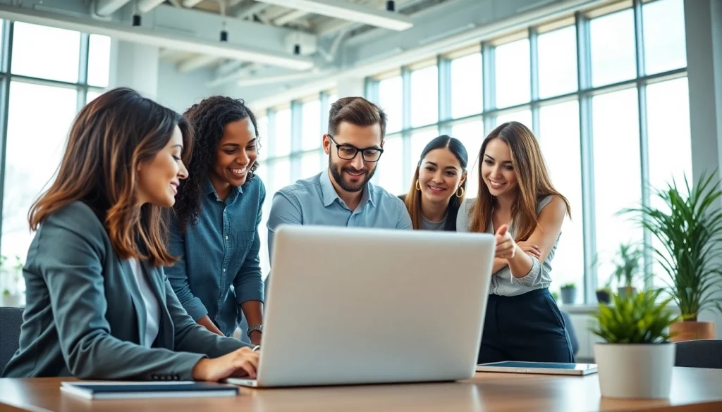 Collaborative discussion about top sales job boards in a modern office.