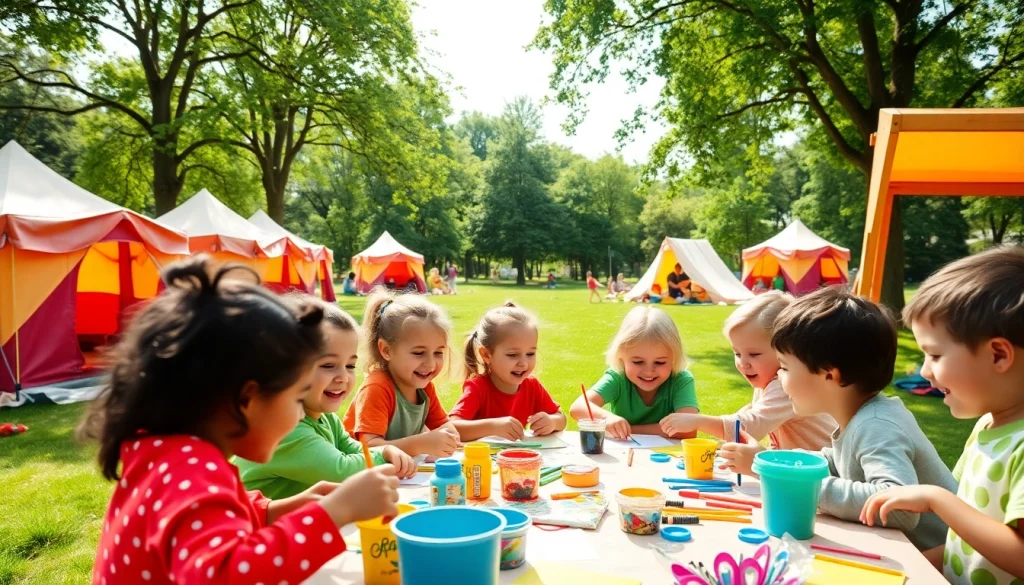 Children engaged in fun activities at vibrant holiday camps surrounded by colorful scenery.