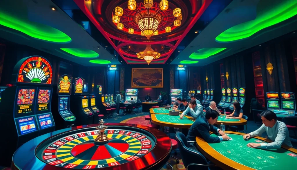 SboBet link alternatif displayed prominently in a luxurious casino setting with active gambling elements.