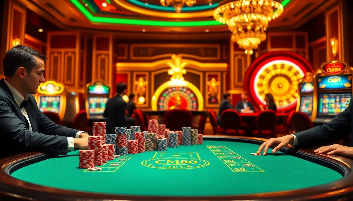Experience exciting gameplay at cm88 com's luxurious gaming tables, complete with vibrant poker chips and roulette wheels.