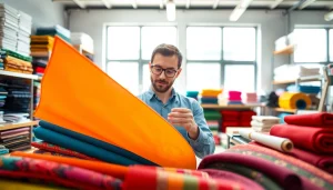 Bekijk kleurrijke stretch stoffen in een professioneel ontwerpatelier met stoffenstalen.