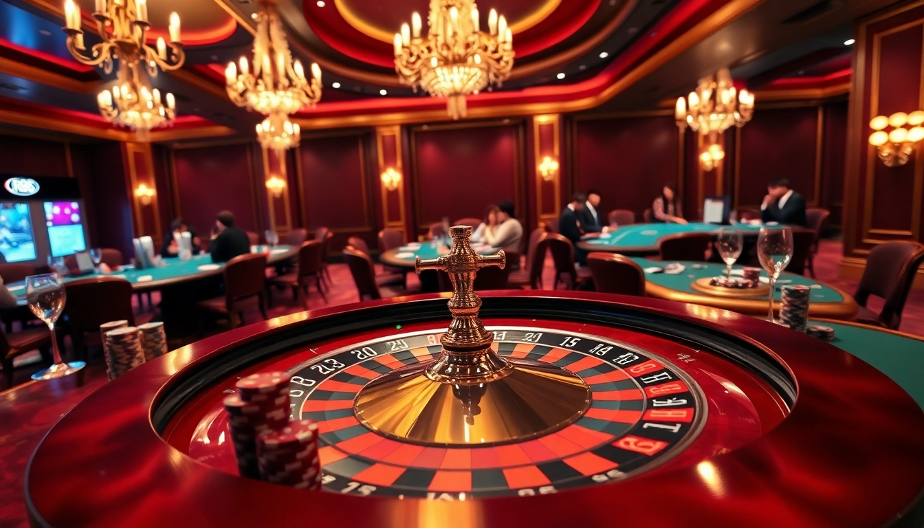 Experience the thrill of gambling at RR88 with a vibrant casino scene featuring roulette and blackjack tables.