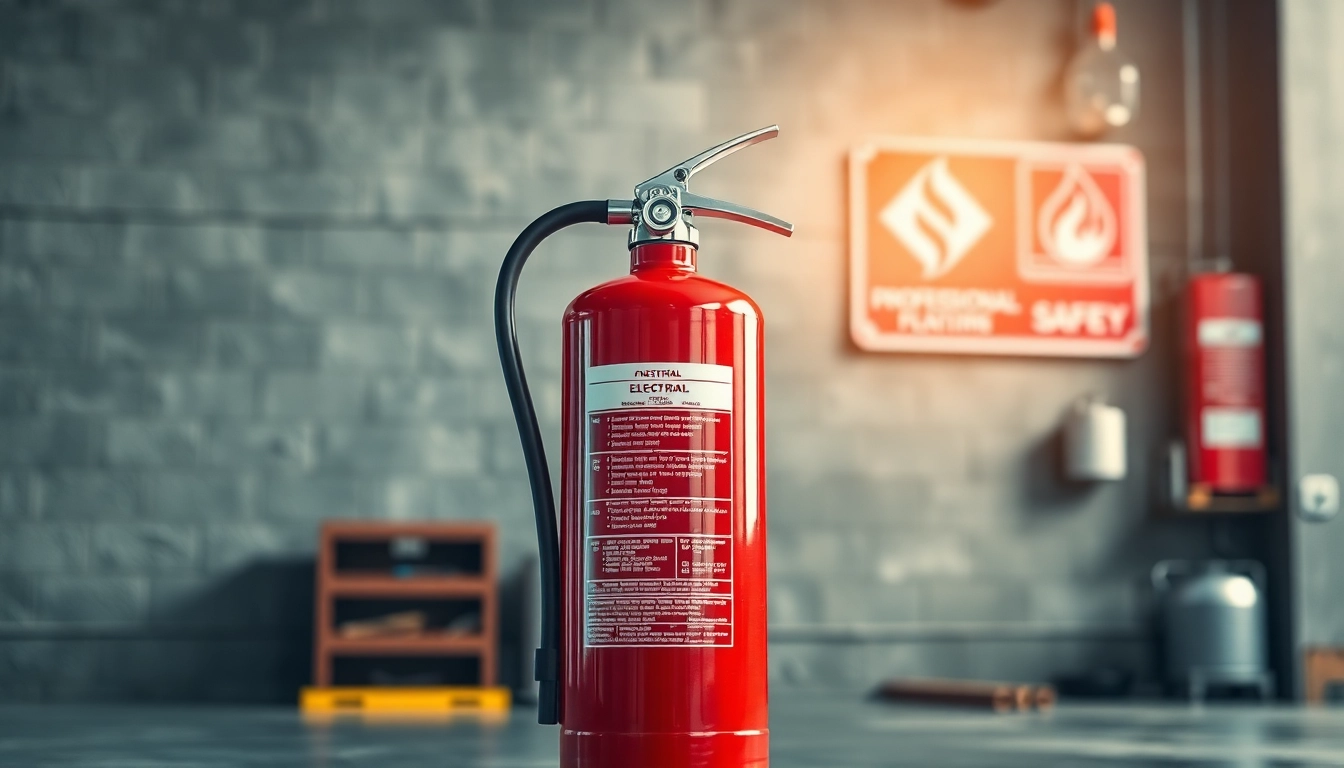 Inspecting an electrical fire extinguisher for safety features in an industrial workshop.