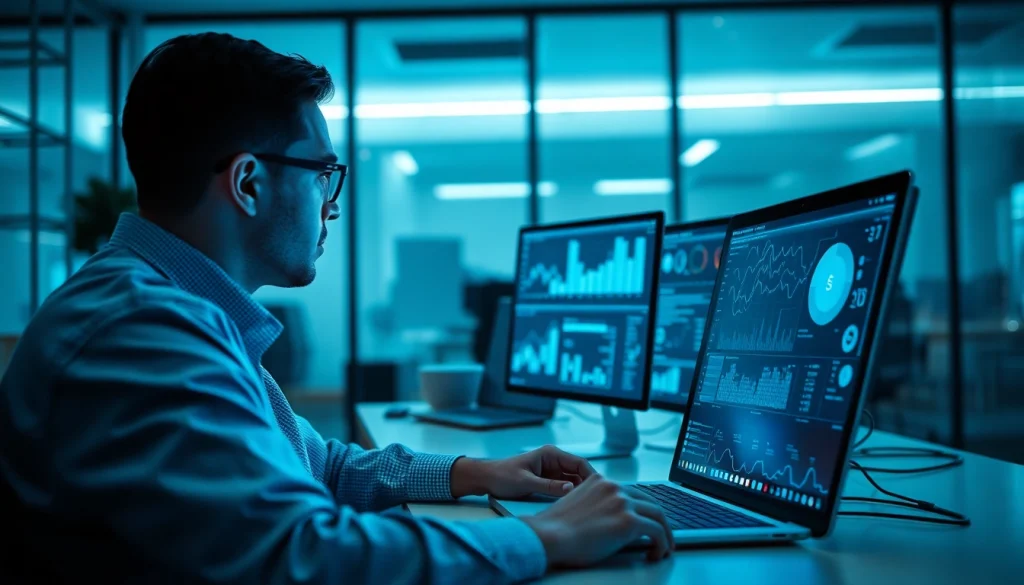 Cybersecurity AI professional analyzing data in a modern office setting with advanced technology.