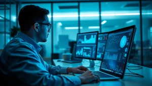 Cybersecurity AI professional analyzing data in a modern office setting with advanced technology.