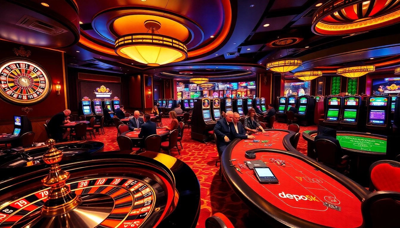 Engaging gamblers at a luxurious casino showcasing depo 5k betting options with vibrant tables and slot machines.