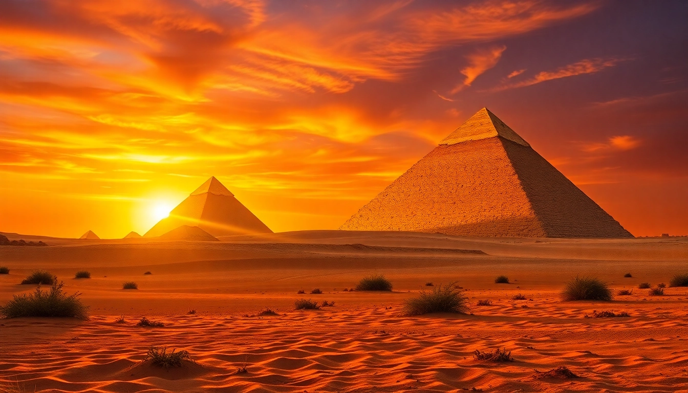 Capture of the ancient Egyptian pyramids sharply defined against a sunset backdrop, enhancing the mystique of piraminds.