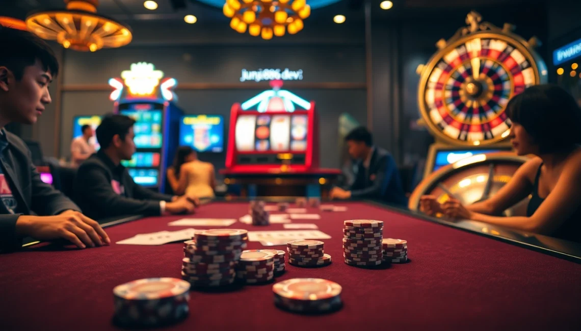 Playing poker at a luxurious table inspired by the gaming world of https://jun886.dev/ with vibrant elements.