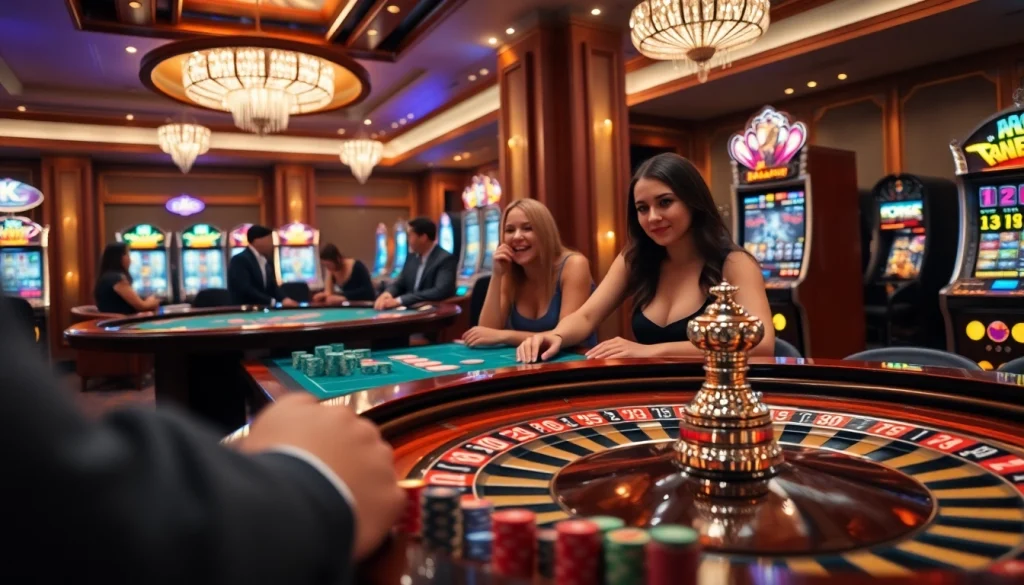 KJC gaming experience with luxury casino tables, roulette wheels, and vibrant slot machines.