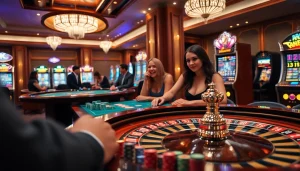 KJC gaming experience with luxury casino tables, roulette wheels, and vibrant slot machines.