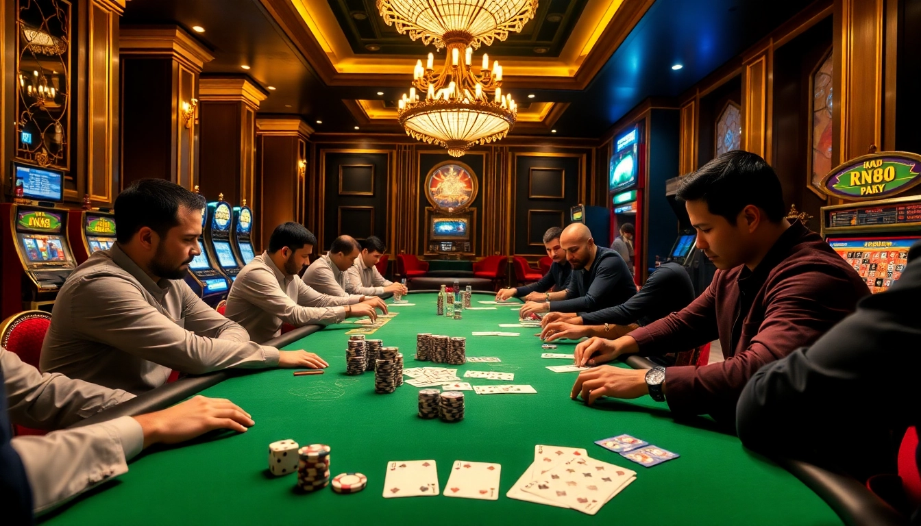 RR88 players engaging in a tense poker game, surrounded by luxurious casino decor.