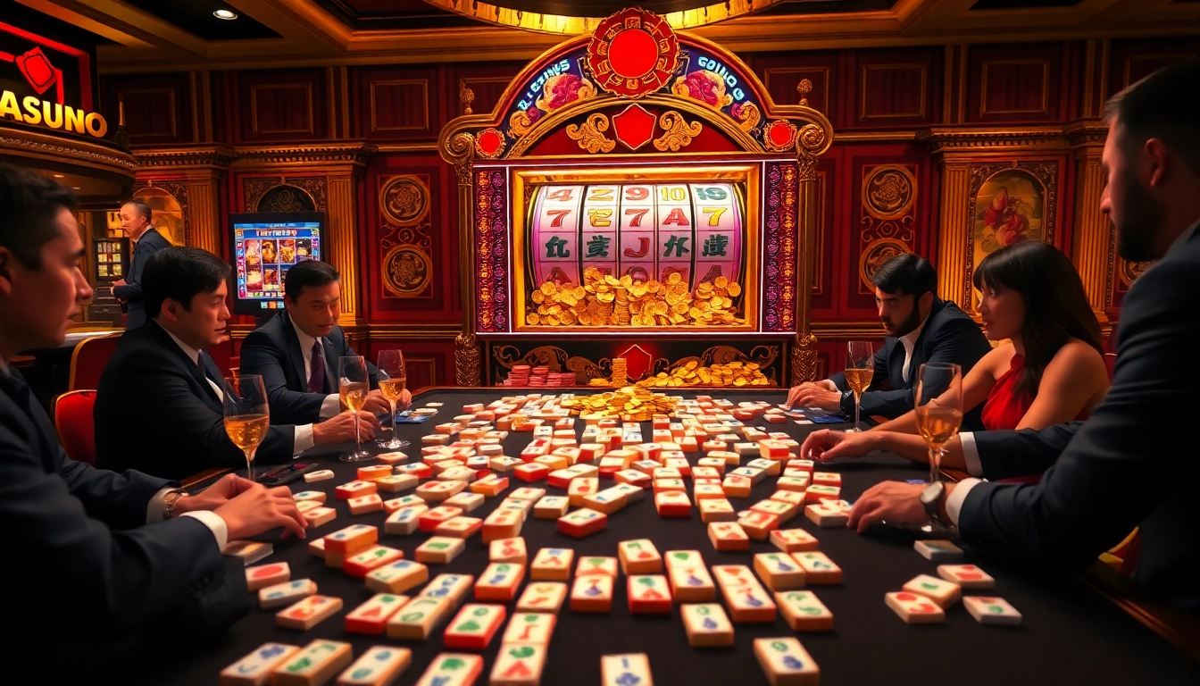 Experience the mahjong slot demo in a vibrant casino setup with players and Mahjong tiles.
