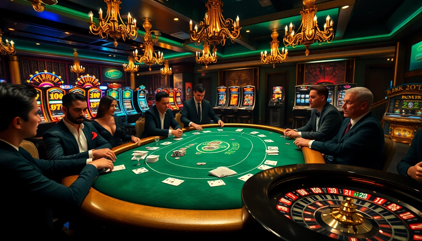 Players enjoying a thrilling poker game at a lavish b52-themed casino table with vibrant chips and cards.