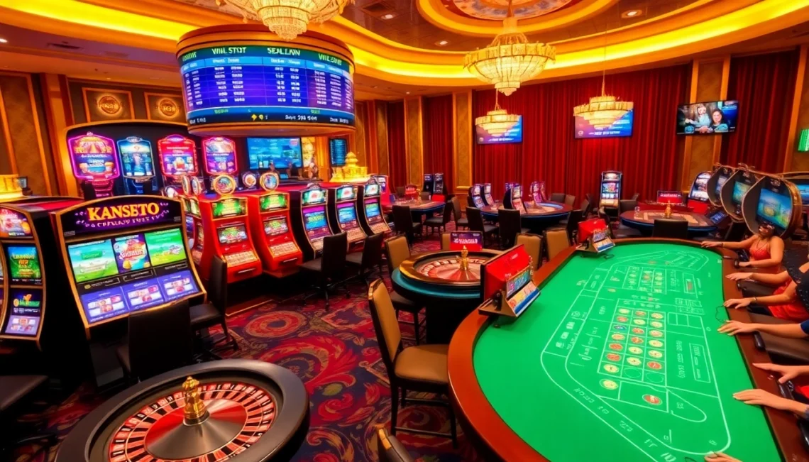 Exciting casino atmosphere featuring nhà cái vua99 with vibrant slot machines and betting tables.