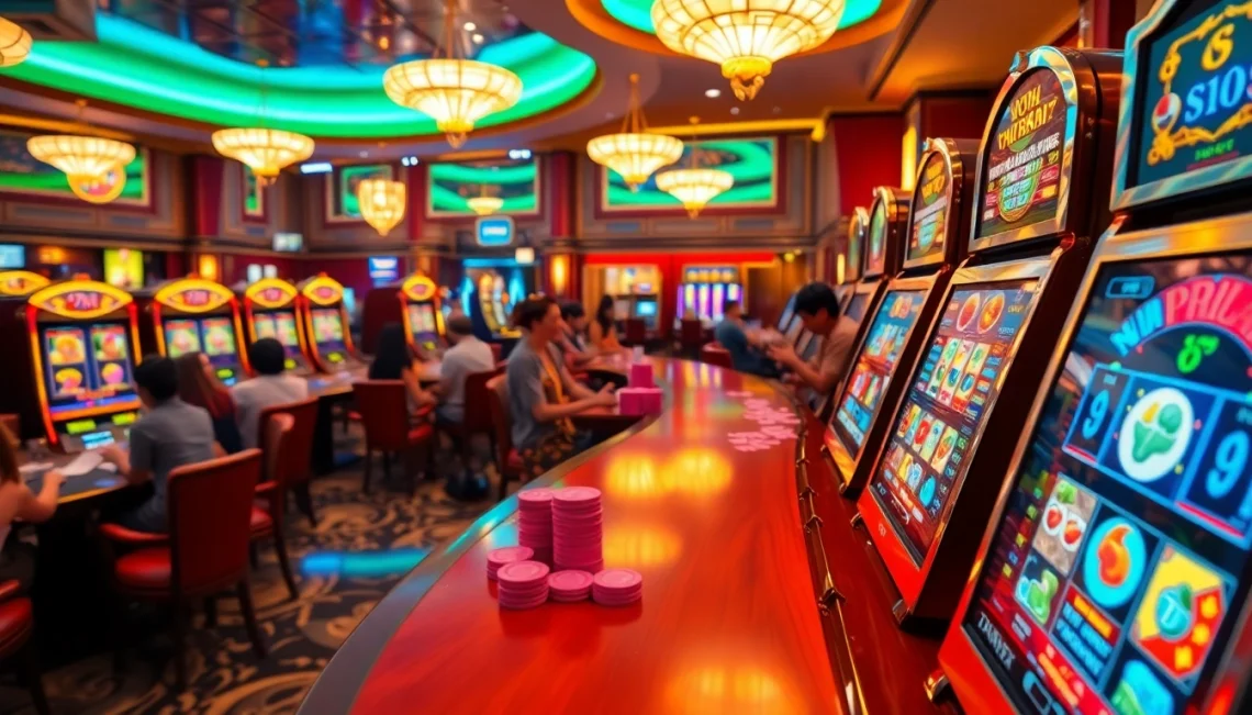 Engaged players enjoy the excitement of nổ hũ slot machines in a vibrant casino atmosphere.