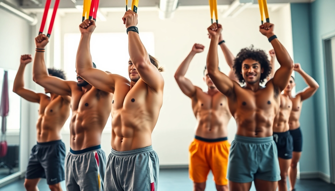 Individuals engaging with stretch bands for pull-ups in a vibrant gym, showcasing strength and fitness.