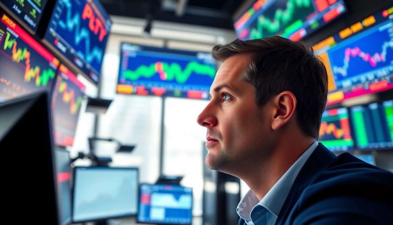 Engaged trader mastering pre marketing trading with advanced analytics in a dynamic office environment.