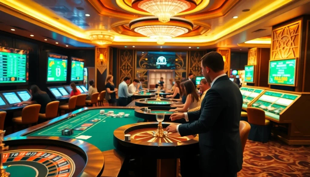 Excited players engaging with sbobet betting tables in a luxurious casino atmosphere.