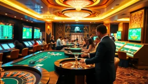 Excited players engaging with sbobet betting tables in a luxurious casino atmosphere.