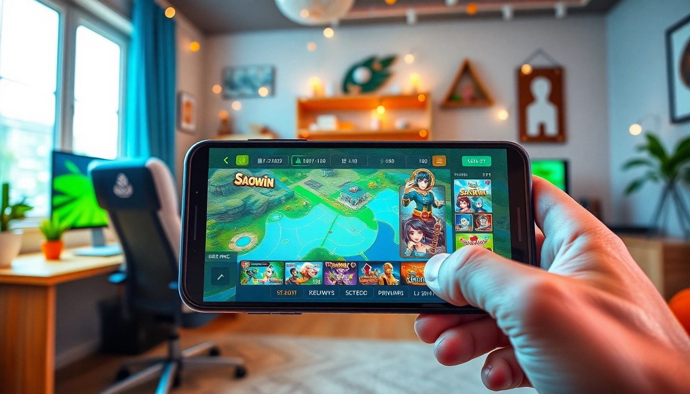 Cảnh chơi Saowin APK hấp dẫn với giao diện điện thoại thông minh sống động và các yếu tố giải trí.