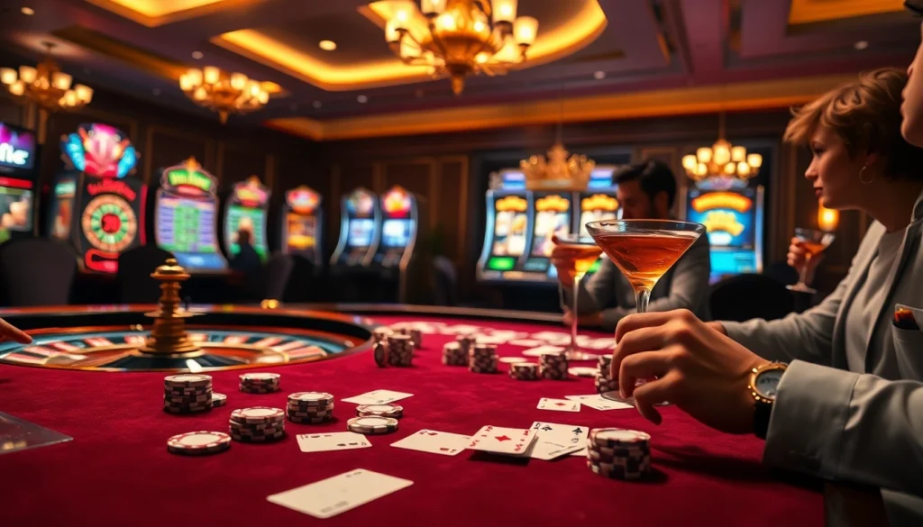 RR88 players analyze their bets at a luxurious casino table filled with poker chips.