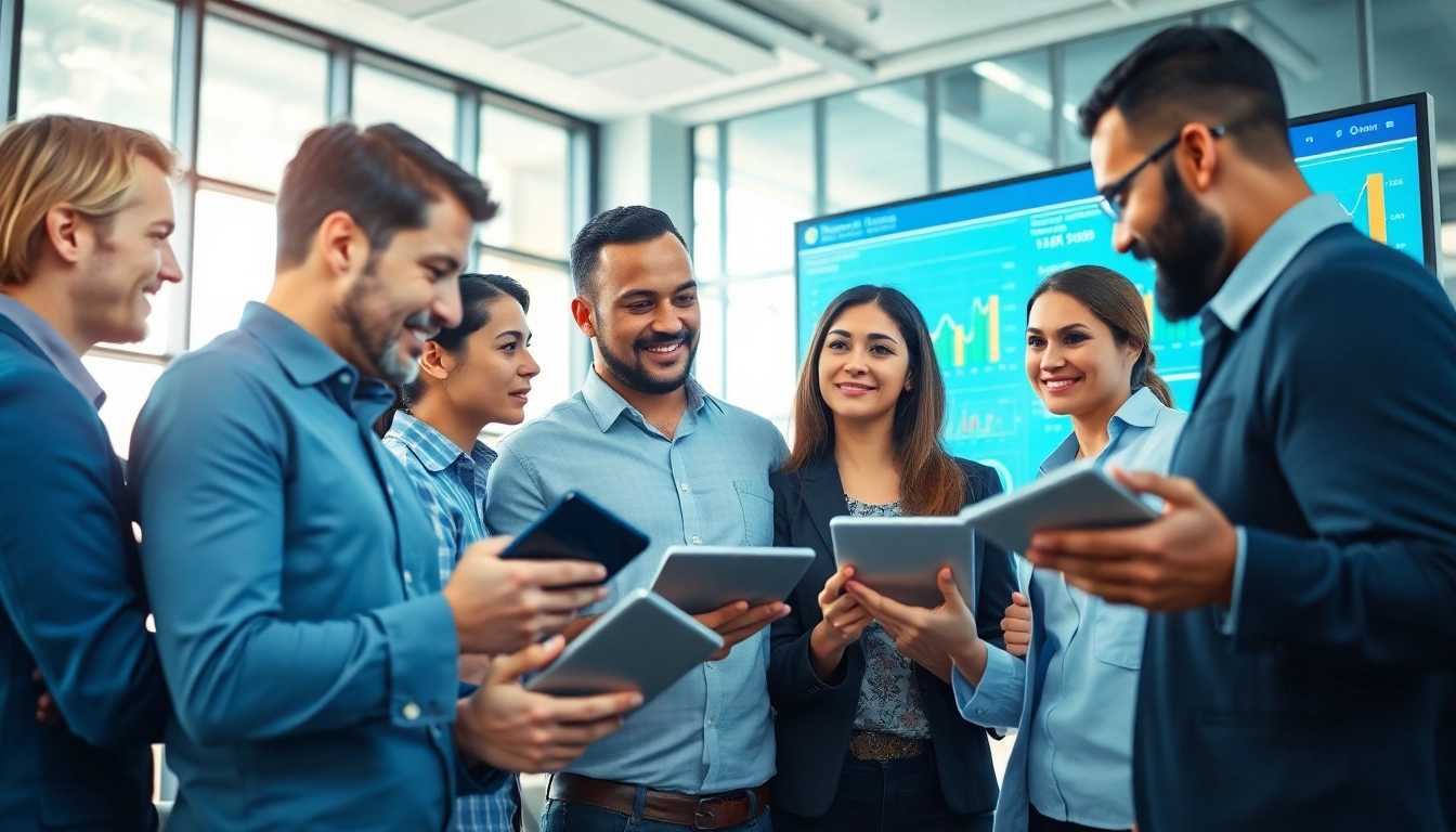 Analyze growth strategy trends with a diverse team in a professional office environment.