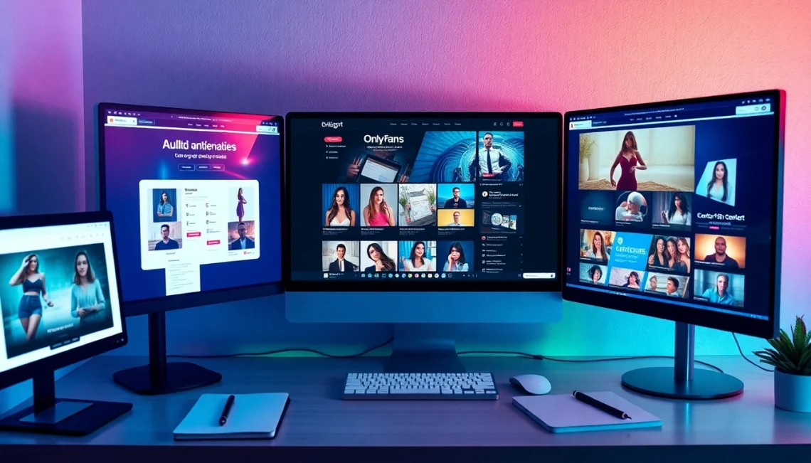 Visual representation of onlyfans search alternatives via digital workspace with multiple screens.