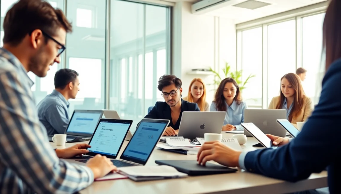 在现代办公环境中协同工作的专业人士使用 WPS Office。