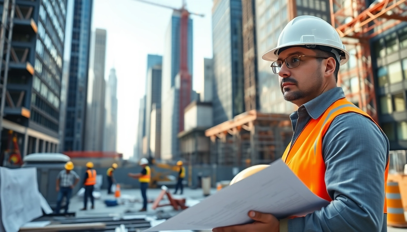 Manhattan General Contractor overseeing construction site with engaged workers and city skyline.