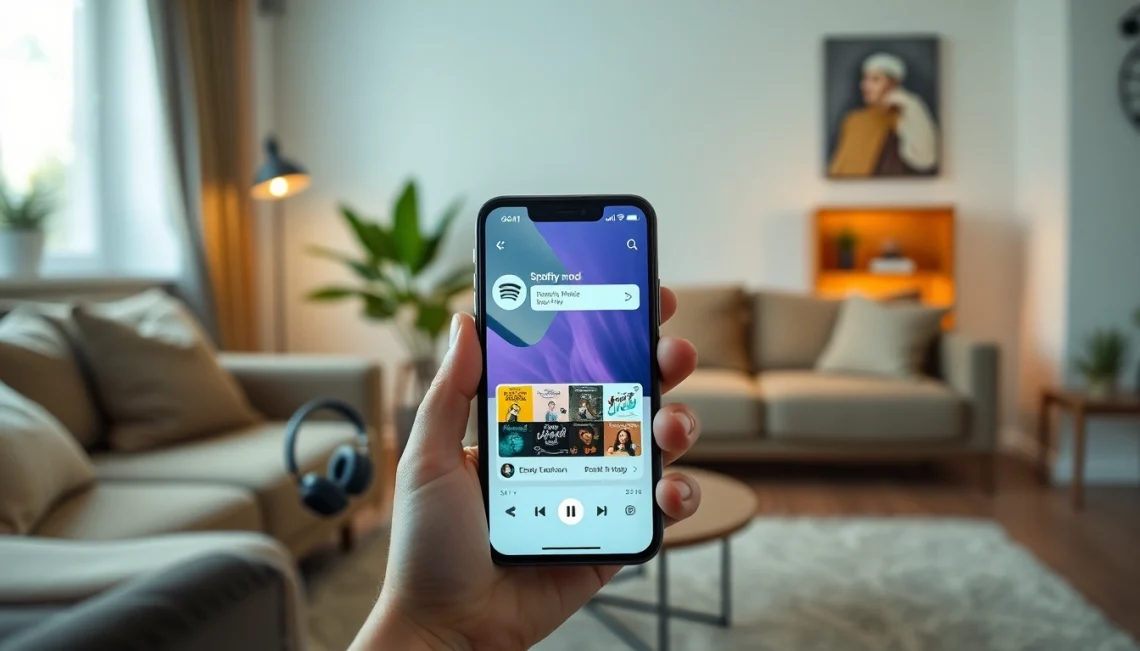 Explore Spotify mod features on a smartphone in a cozy living room setting.
