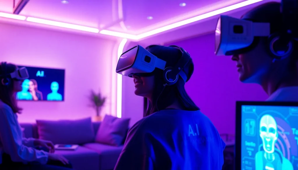 AI NSFW character interaction in a modern virtual reality setup with cozy ambiance.