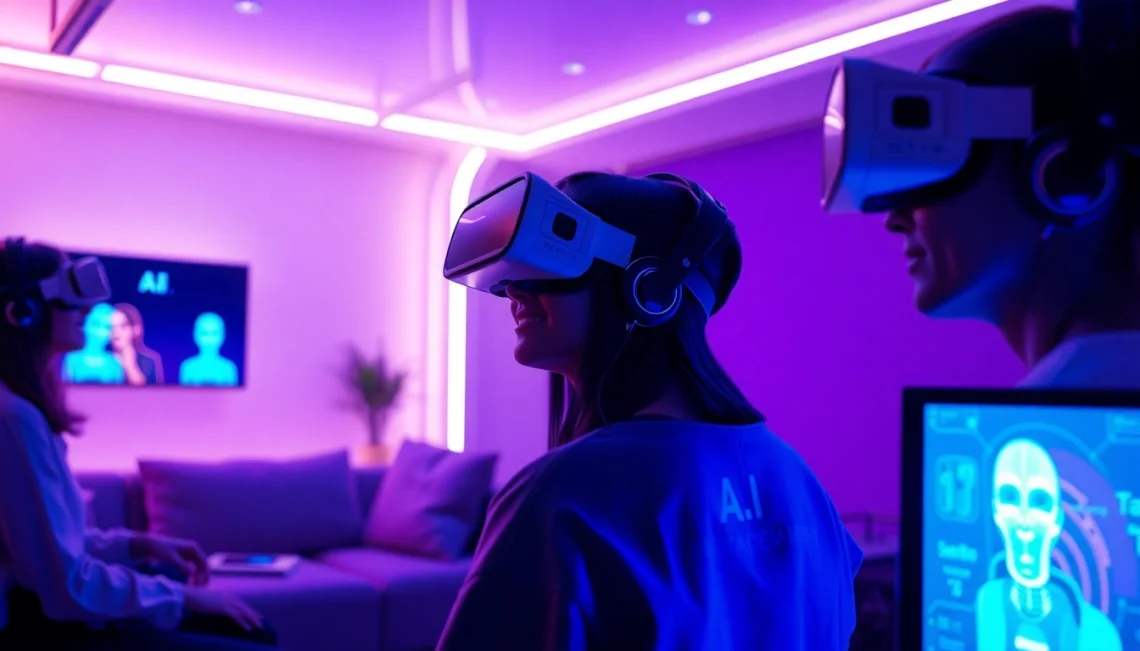 AI NSFW character interaction in a modern virtual reality setup with cozy ambiance.