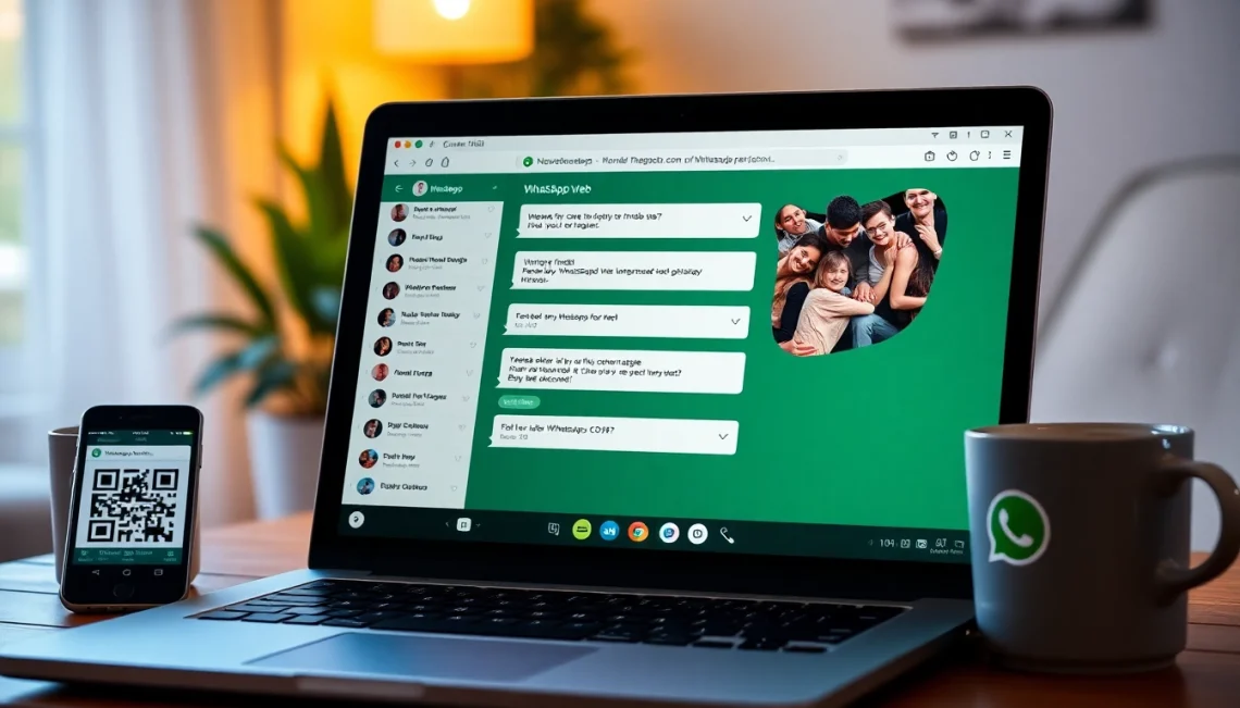 笔记本电脑上的 WhatsApp Web 界面，消息生动，展现高效沟通。
