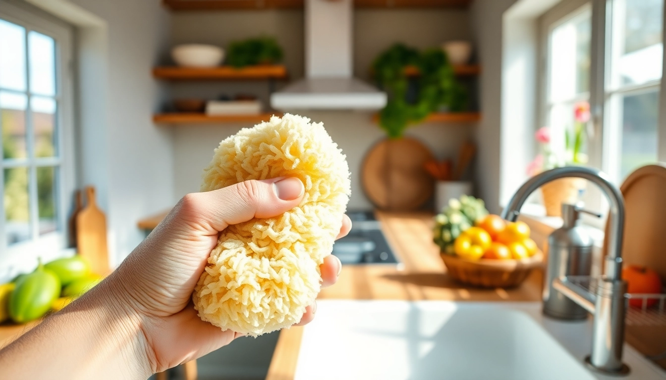 Explore kitchen loofah benefits with a natural loofah in action during dishwashing.