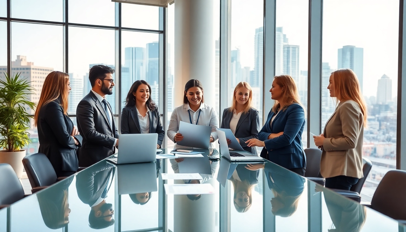Team discussing strategies for an extended warranty company in a modern office setting.