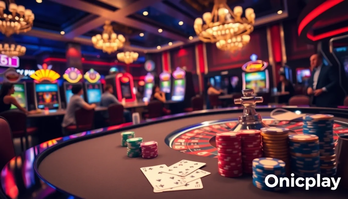 Win big at Onicplay with exciting slot games surrounded by vibrant casino elements.