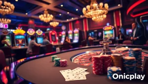 Win big at Onicplay with exciting slot games surrounded by vibrant casino elements.