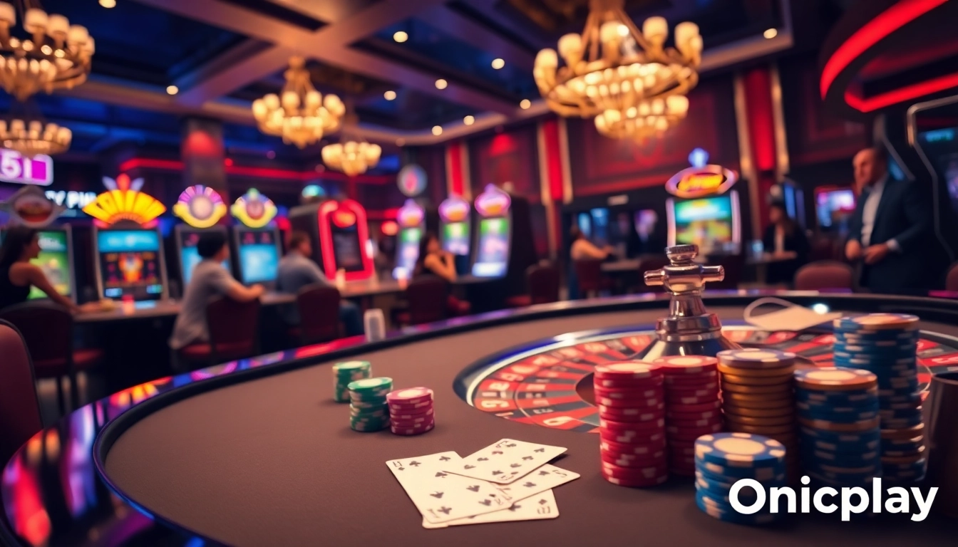 Win big at Onicplay with exciting slot games surrounded by vibrant casino elements.
