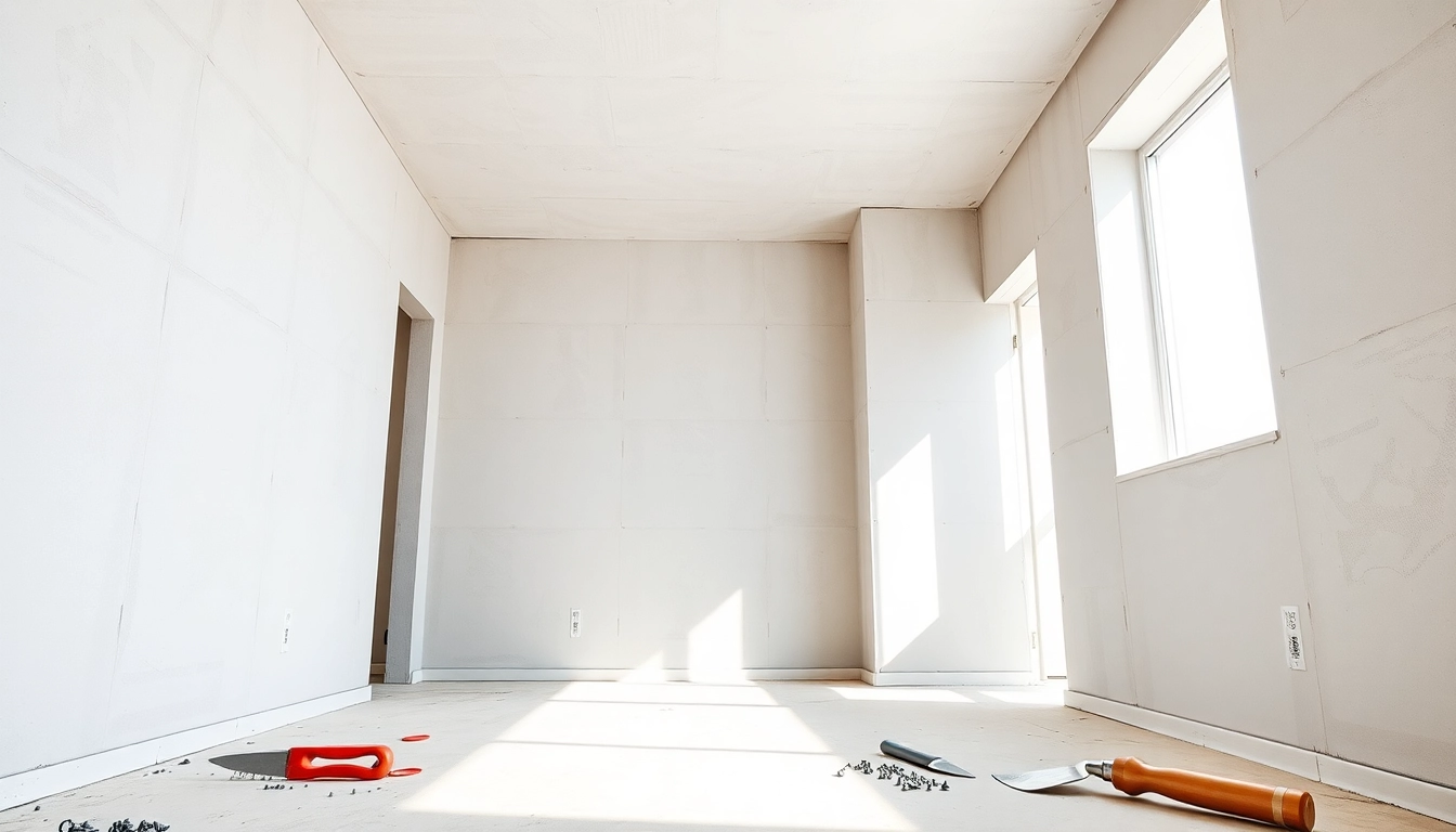 Expertly hanging drywall in a bright, modern room with a focus on clean seams and textures.