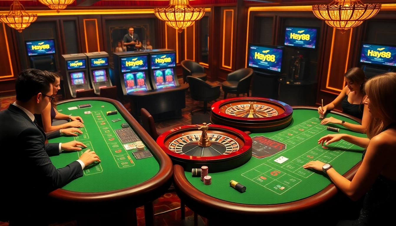 Experience thrill at Hay88's casino with vibrant tables and spinning roulette.