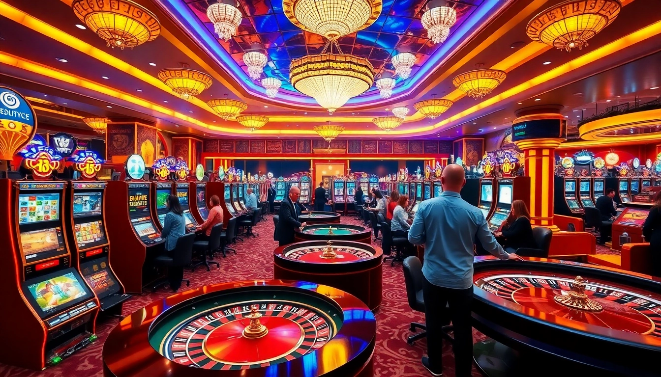 Un sol de jeu passionnant d'un casino fiable en ligne avec des machines à sous vibrantes, de la roulette et des joueurs engagés.