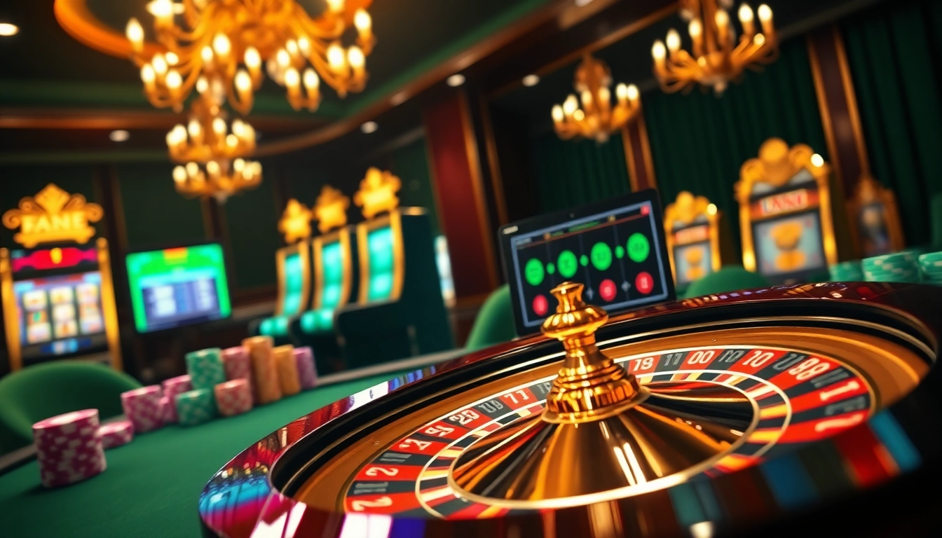 Participez à des jeux à enjeux élevés dans un casino fiable en ligne luxueux avec des roues de roulette chics et des jetons de poker vibrants.