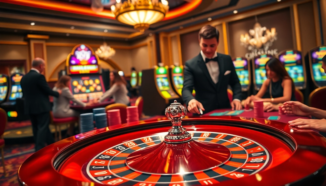 Une scène de jeu professionnelle dans un casino fiable en ligne avec une table de roulette élégante et des jetons de poker vibrants.