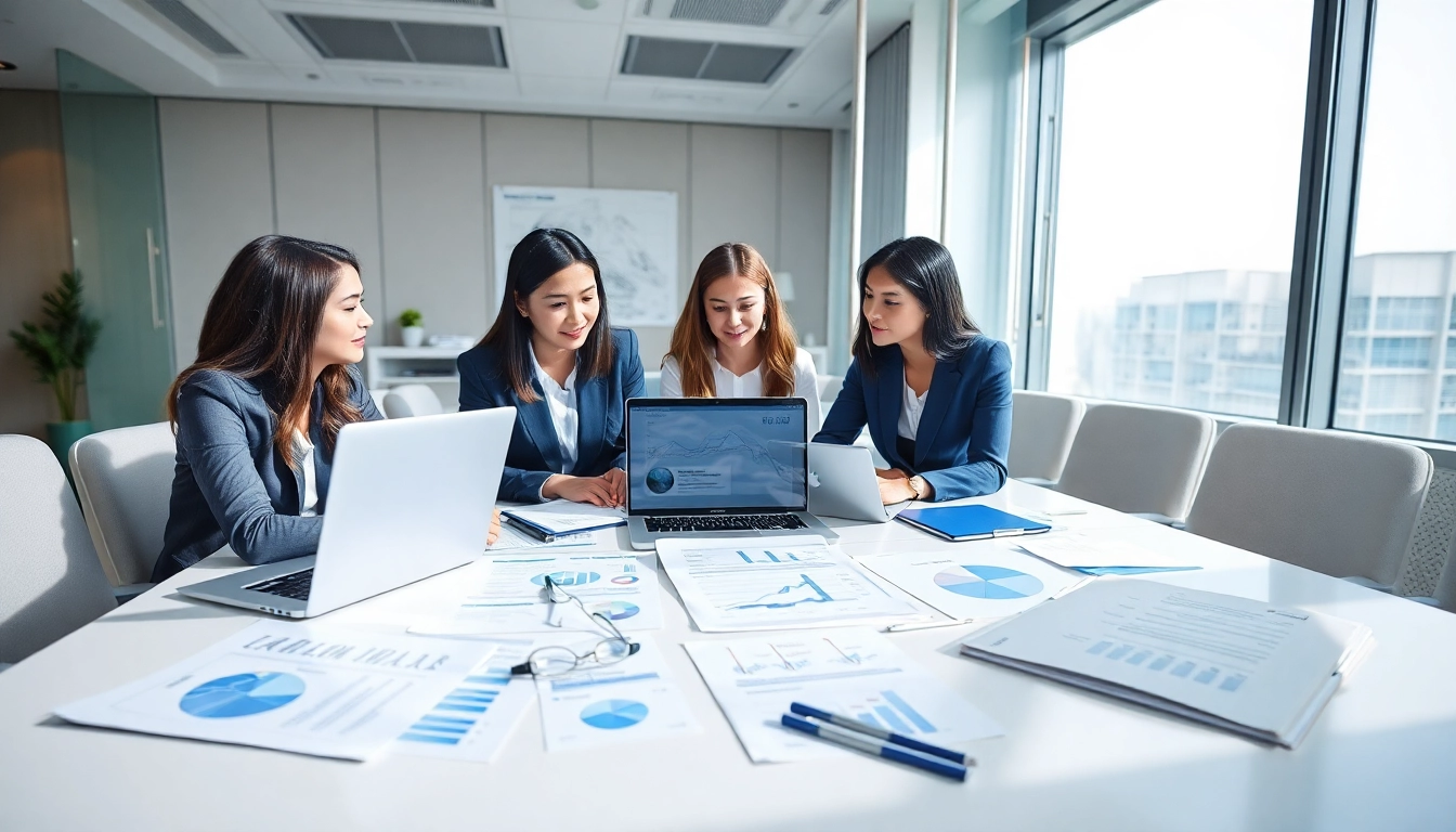 Corporate Tax Return Filing in UAE with diverse professionals reviewing financial documents in a modern office.