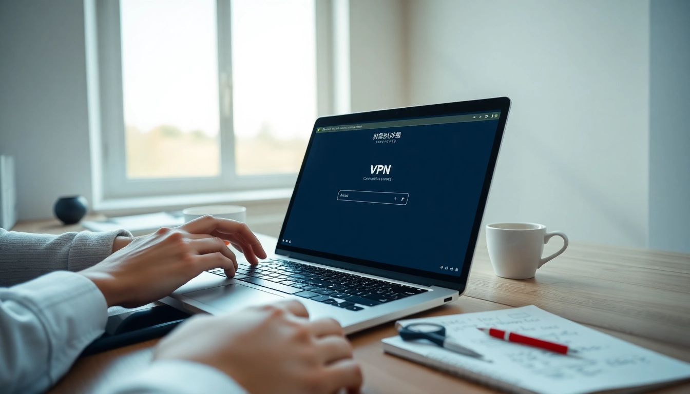 在现代工作区的笔记本上展示快连VPN界面，体现数字连接。